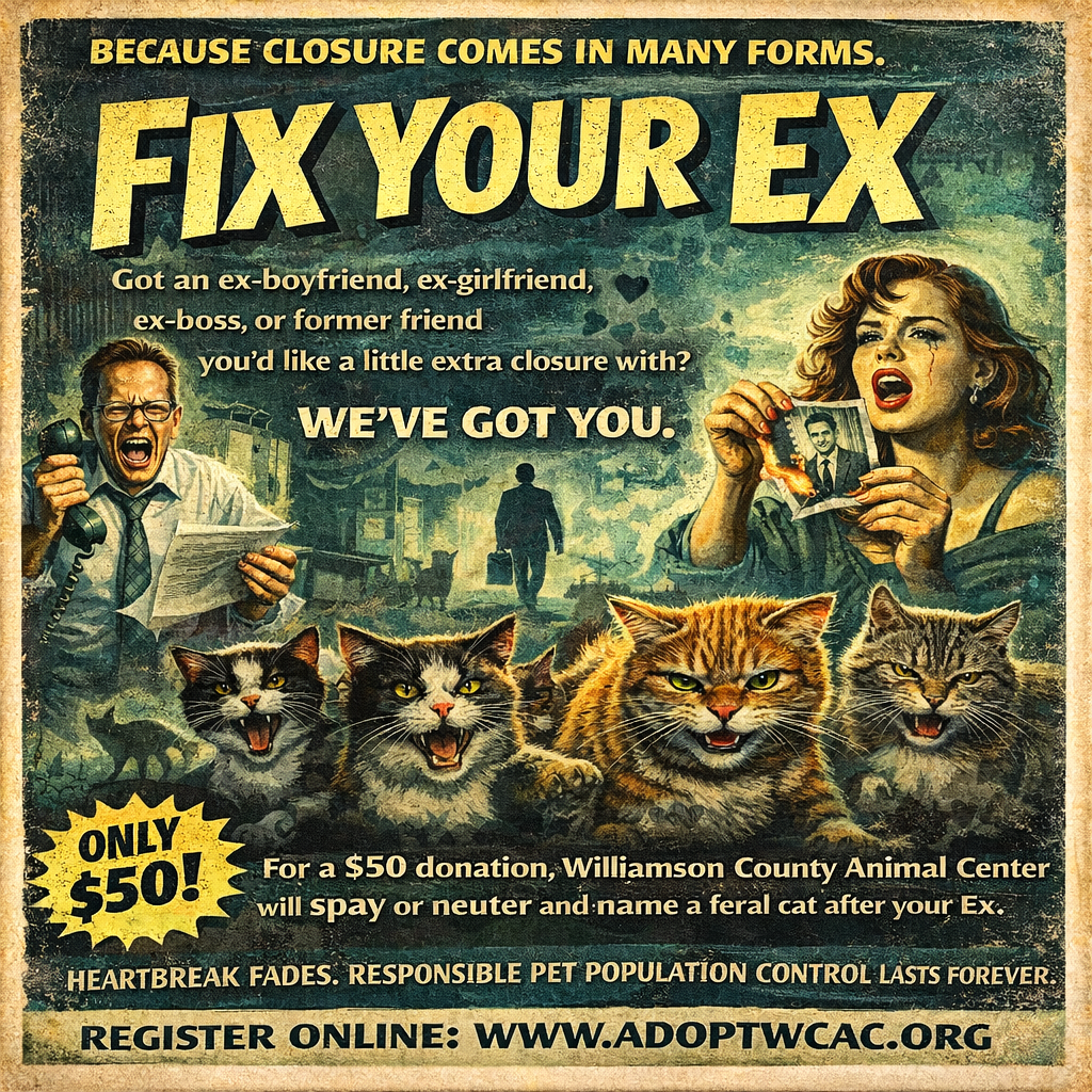 Fix Your Ex promo, woman burns photo, cat with heart necklace, $50 offer; linked to more information